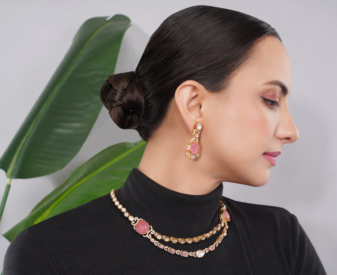 Amaita American Diamond Pink Stone Choker and Earring Set