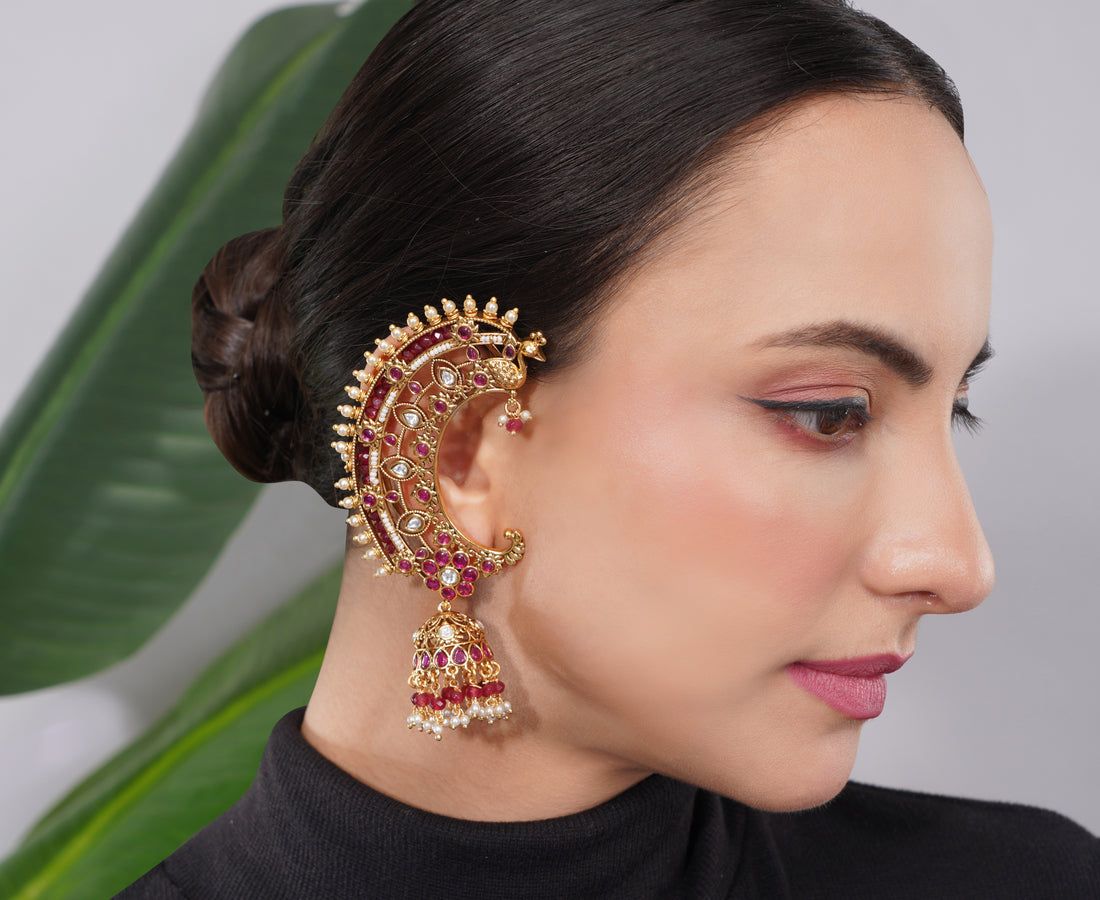 Amaita Gold-Finished Kundan Ruby Pearl Crescent Earrings