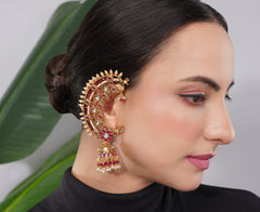 Amaita Gold-Finished Kundan Ruby Pearl Crescent Earrings