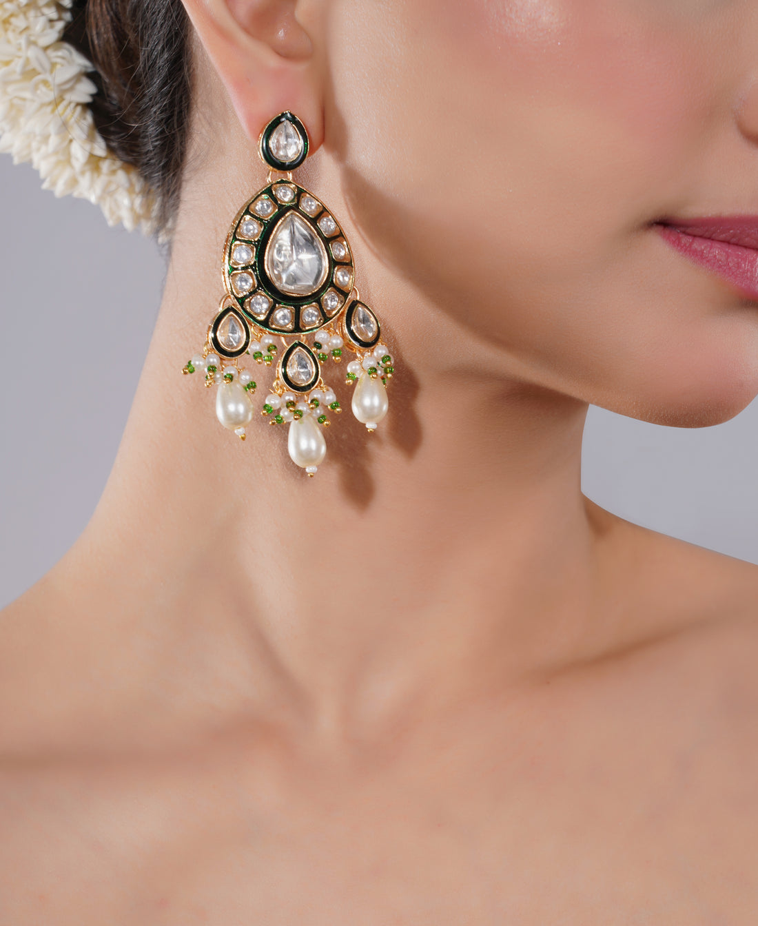 Amaita Polki Kundan Green Pearl Chandelier Earrings