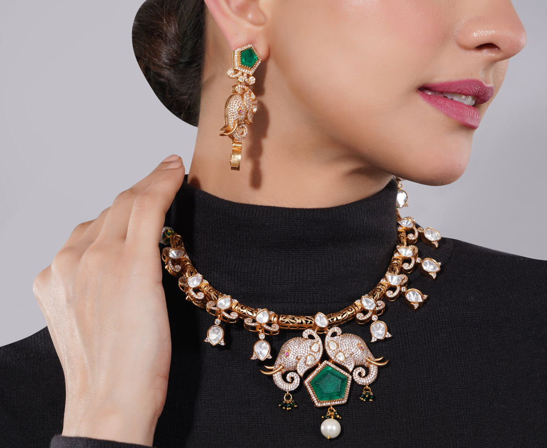 Amaita Polki Kundan Emerald Elephant Choker Necklace Set