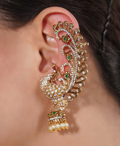 Amaita Gold Finish Peacock Inspired American Diamond Ear Cuff Earring
