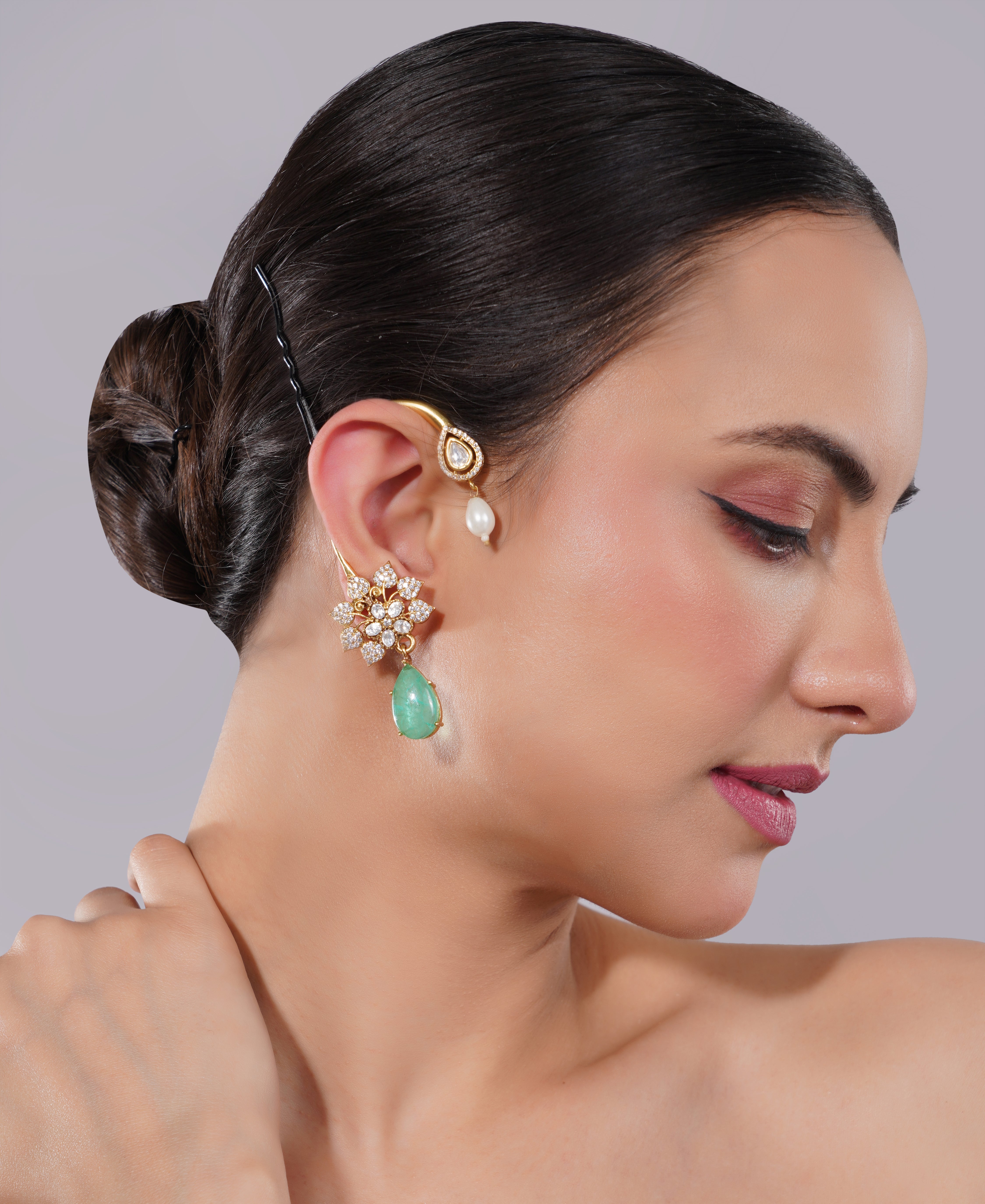 Amaita American Diamond Floral Green Teardrop Earrings