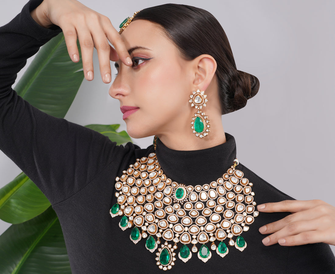 Amaita Kundan Bridal Emerald Pearl Choker Necklace Set