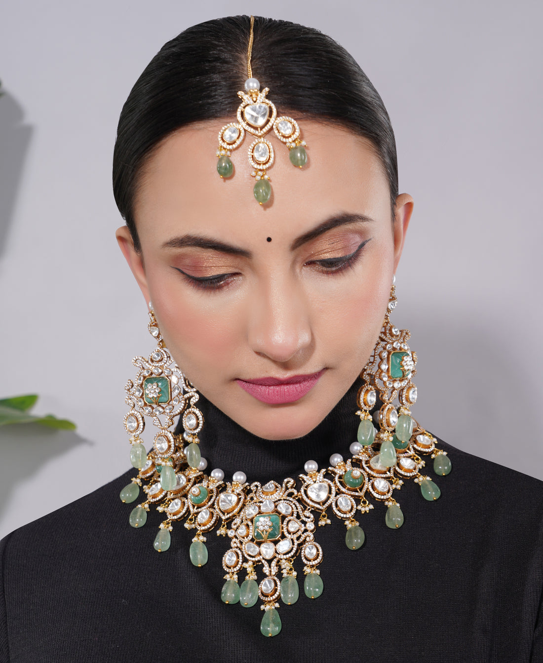 Amaita Polki Kundan Sage Green Pearl Bridal Necklace Set