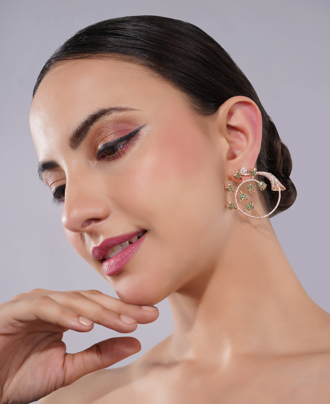 Amaita American Diamond Floral Green Stone Earrings