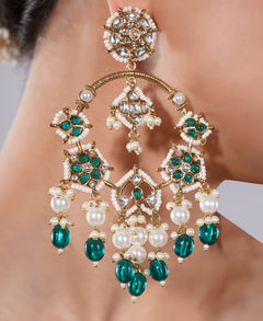 Amaita Kundan Emerald Pearl Chandelier Earrings