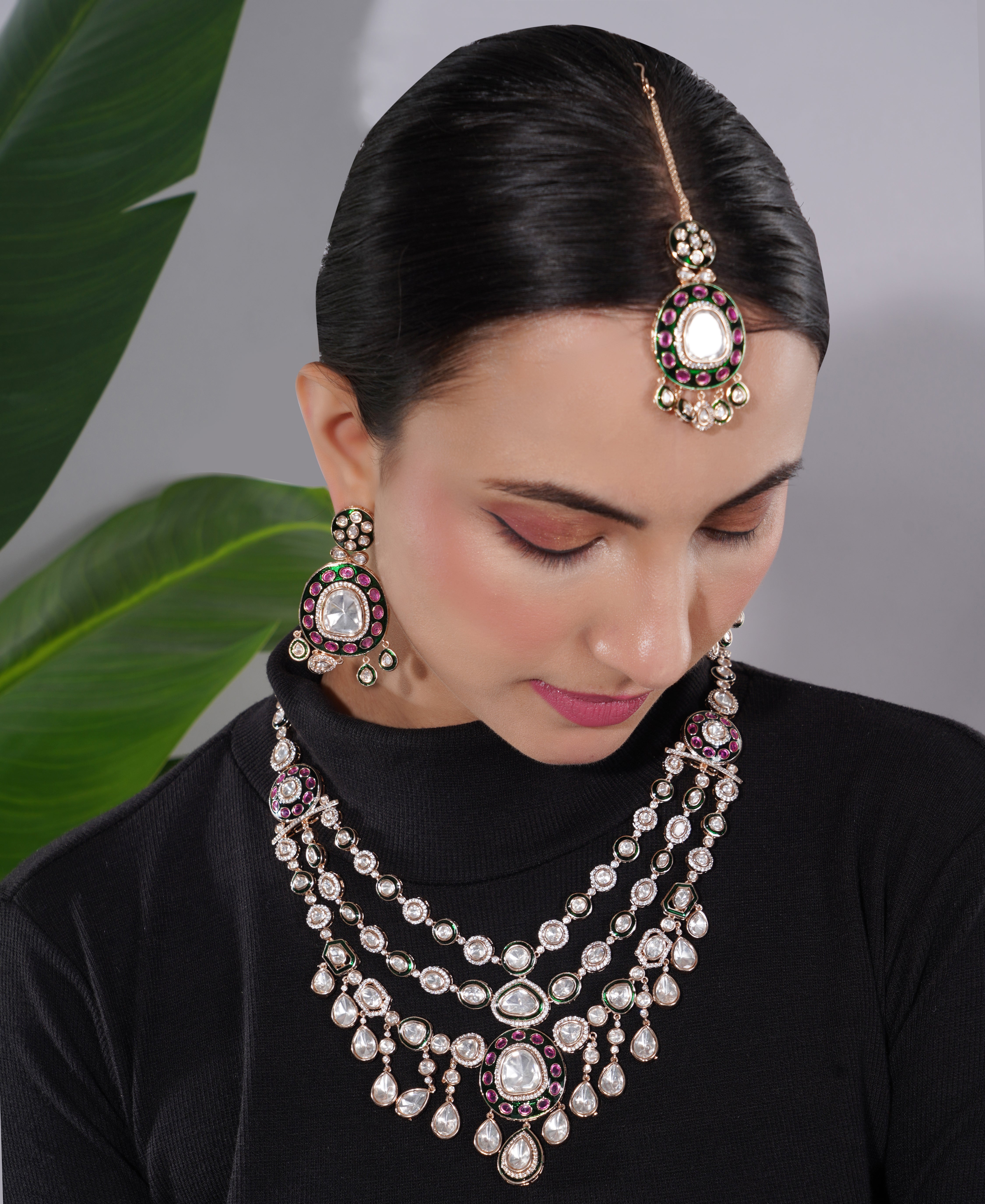Amaita Polki Kundan Fuchsia Pearl Layered Choker Necklace