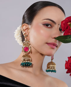 Amaita Gold Finish Kundan Ruby Green Jhumka Earrings