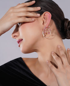 Amaita American Diamond Pink Floral Circular Earrings