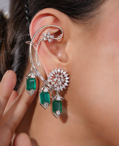 Amaita American Diamond Emerald Ear Cuff Earring Set