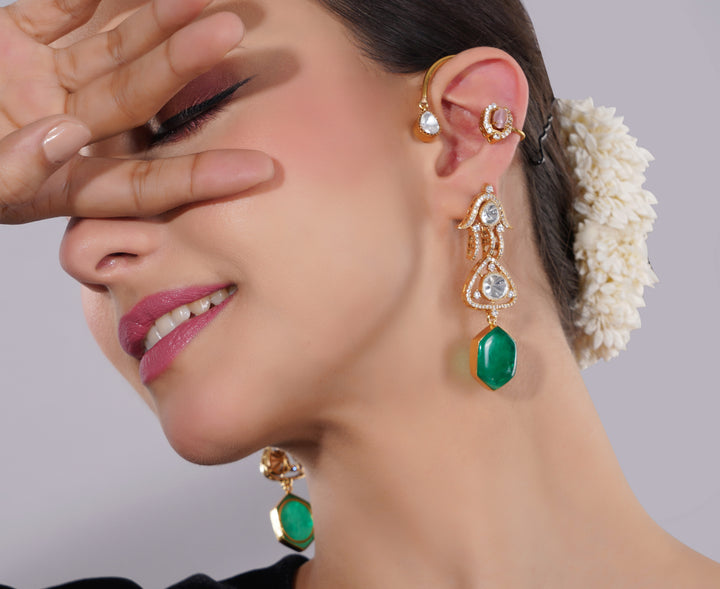 Amaita Gold-Finished Kundan Emerald Chandelier Earrings cuff