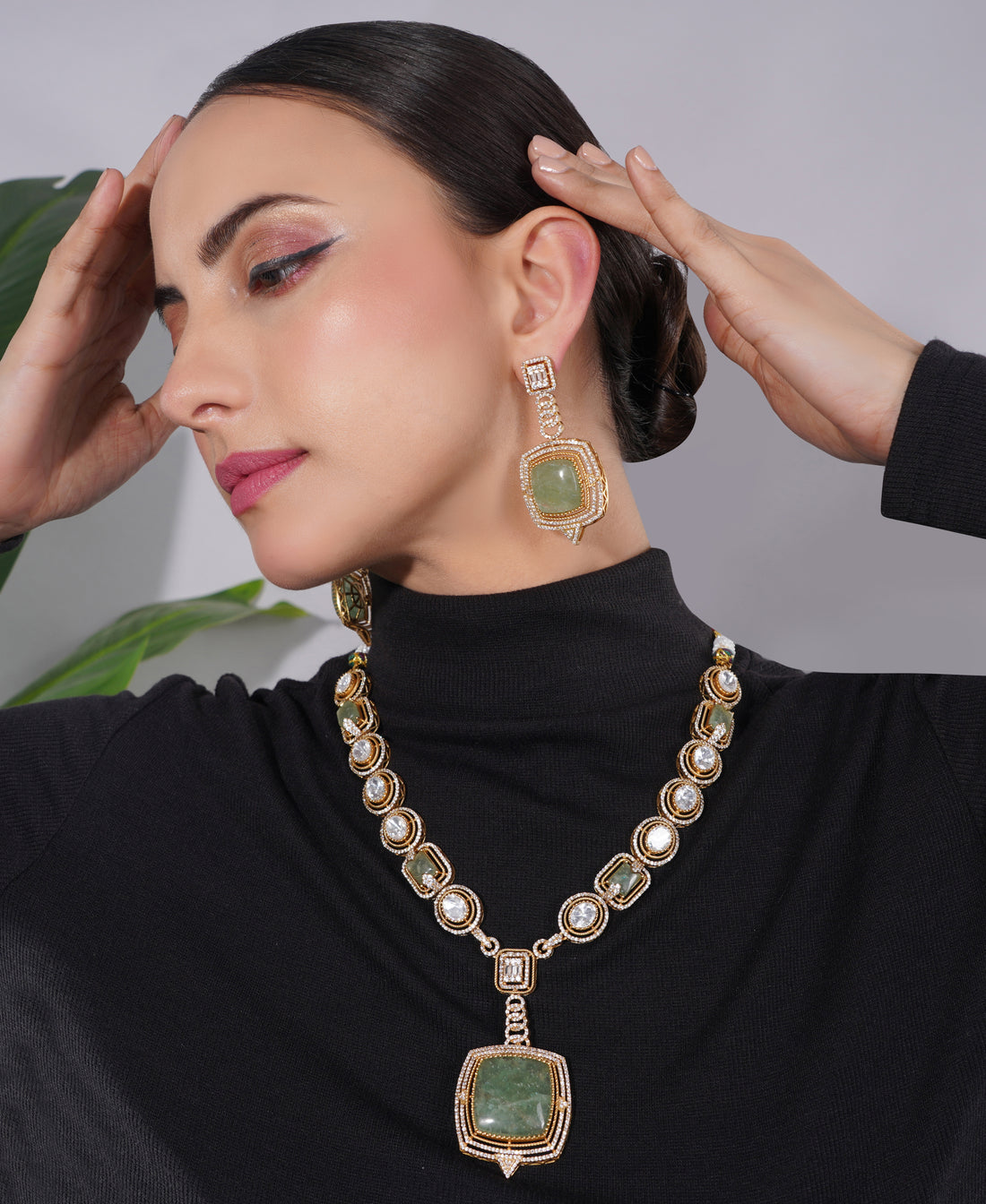 Amaita Gold Finish Green Stone Pearl Necklace Set