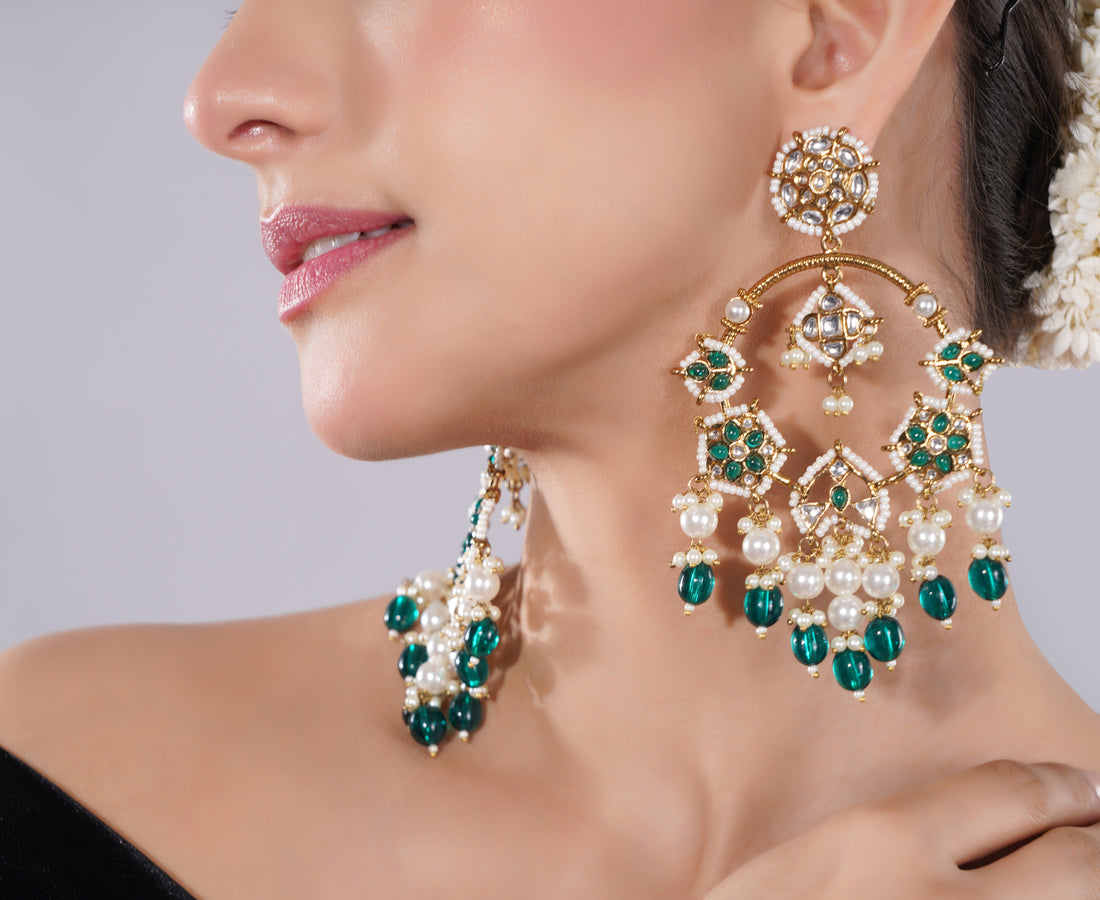 Amaita Kundan Emerald Pearl Chandelier Earrings