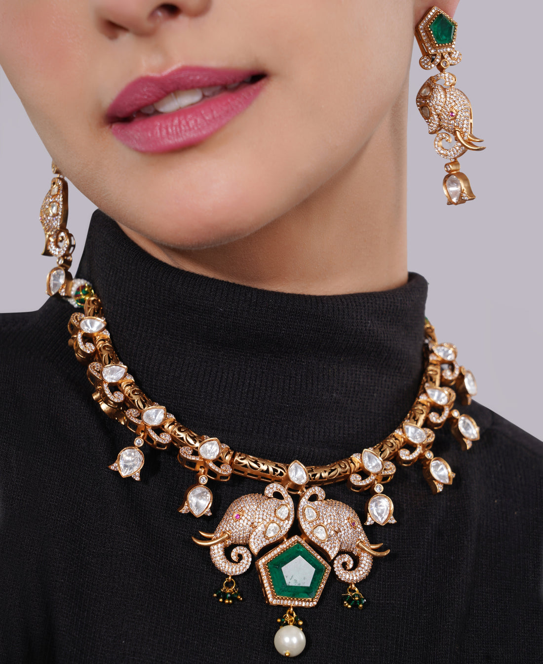 Amaita Polki Kundan Emerald Elephant Choker Necklace Set