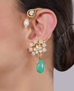 Amaita American Diamond Floral Green Teardrop Earrings