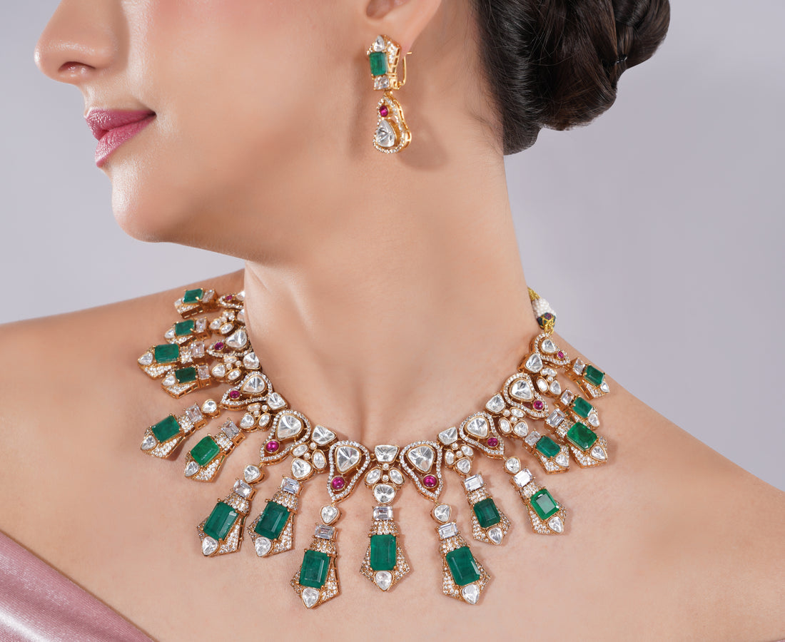 Amaita AD Polki Emerald Rose Gold Statement Necklace Set