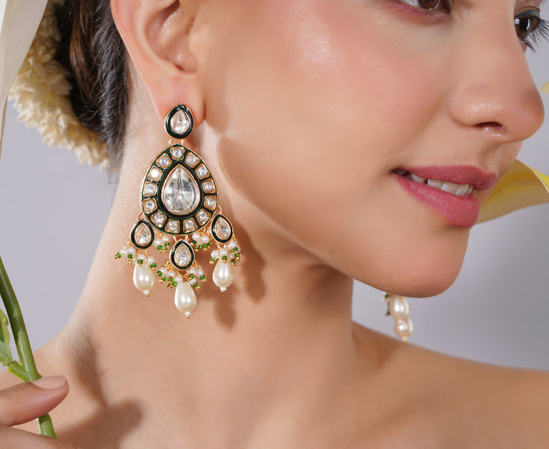 Amaita Polki Kundan Green Pearl Chandelier Earrings
