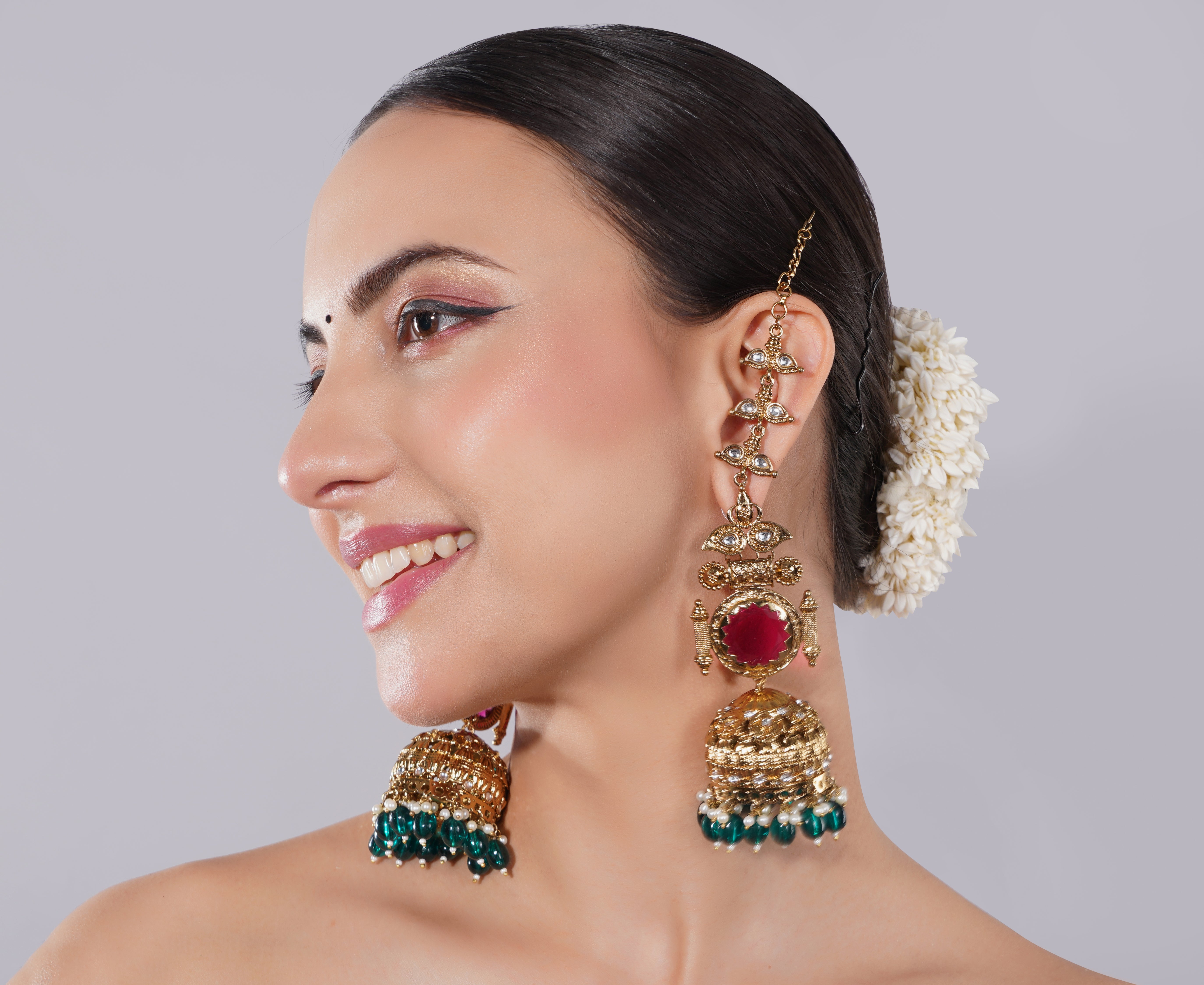 Amaita Gold Finish Kundan Ruby Green Jhumka Earrings