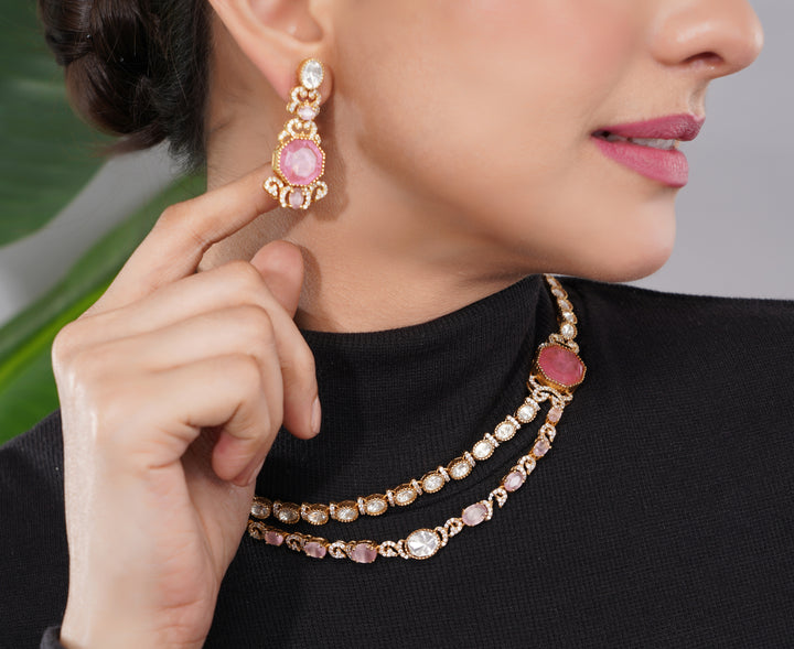 Amaita American Diamond Pink Stone Choker and Earring Set