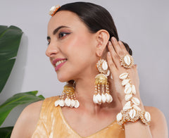 Amaita Gold Finish Shell Ghungroo Earring and Handpiece Set