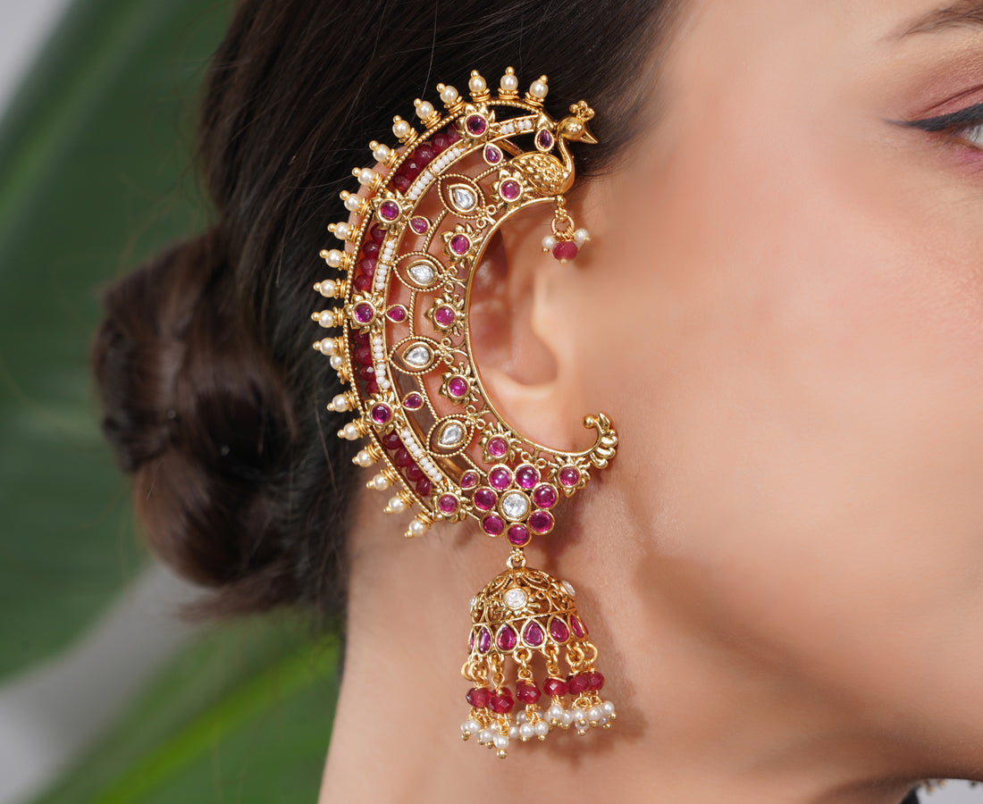 Amaita Gold-Finished Kundan Ruby Pearl Crescent Earrings