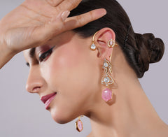 Amaita American Diamond Pink Stone Drop Earrings