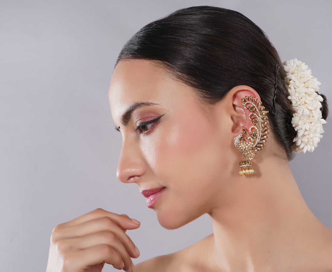 Amaita Gold Finish Peacock Inspired American Diamond Ear Cuff Earring