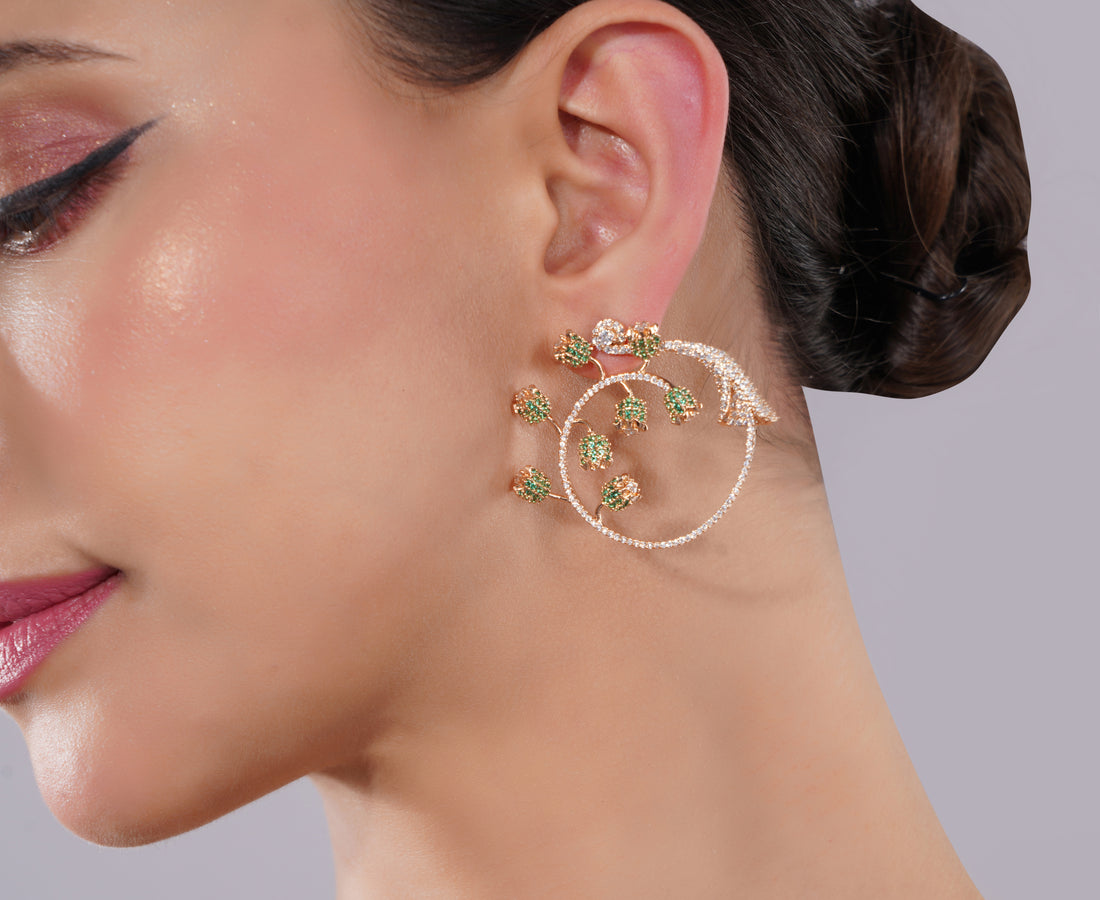Amaita American Diamond Floral Green Stone Earrings