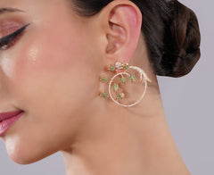 Amaita American Diamond Floral Green Stone Earrings