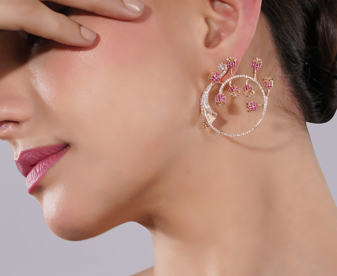 Amaita American Diamond Pink Floral Circular Earrings
