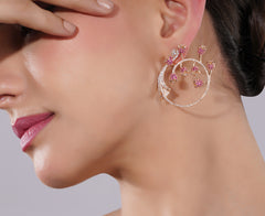 Amaita American Diamond Pink Floral Circular Earrings
