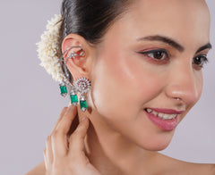 Amaita American Diamond Emerald Ear Cuff Earring Set