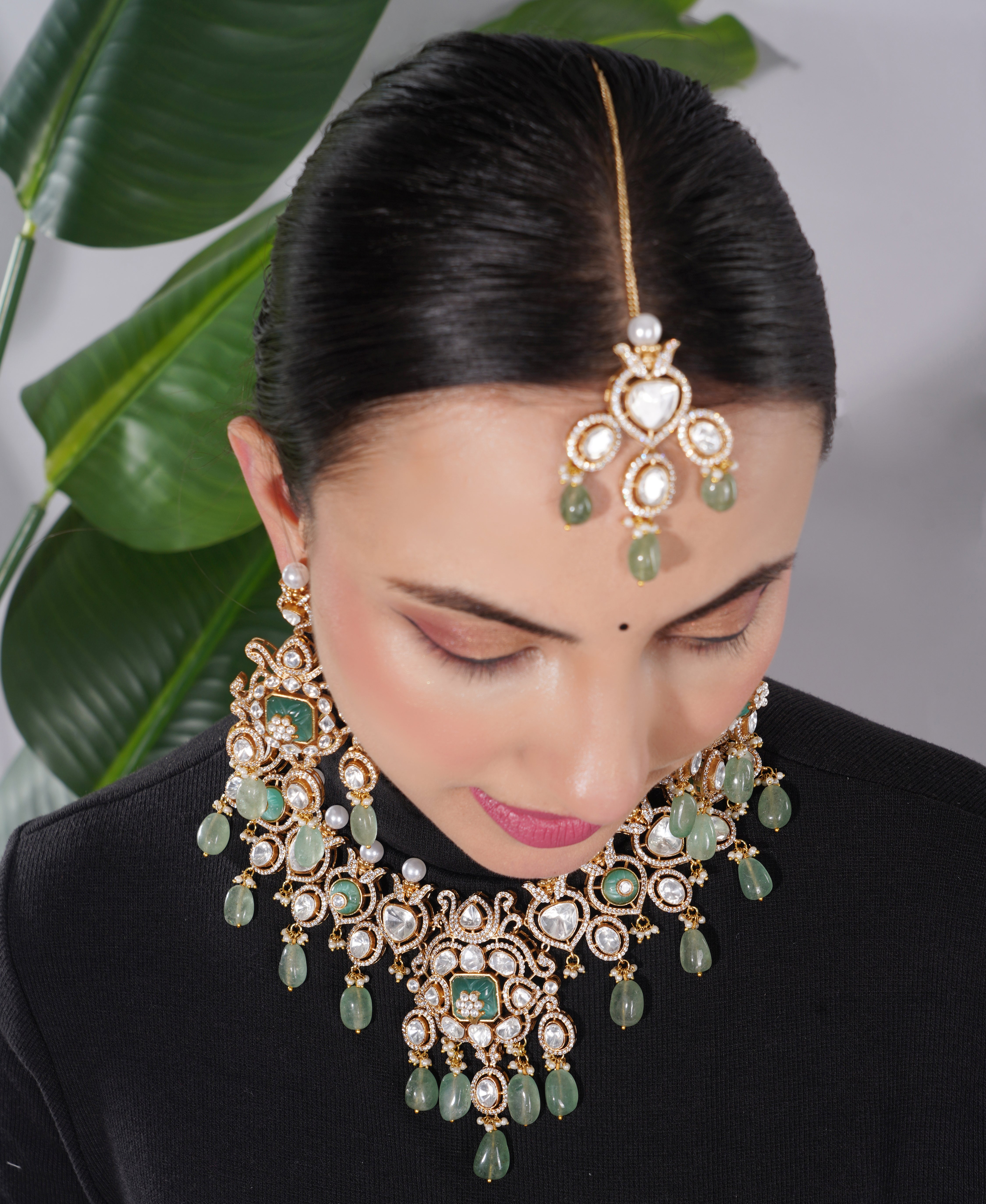 Amaita Polki Kundan Sage Green Pearl Bridal Necklace Set