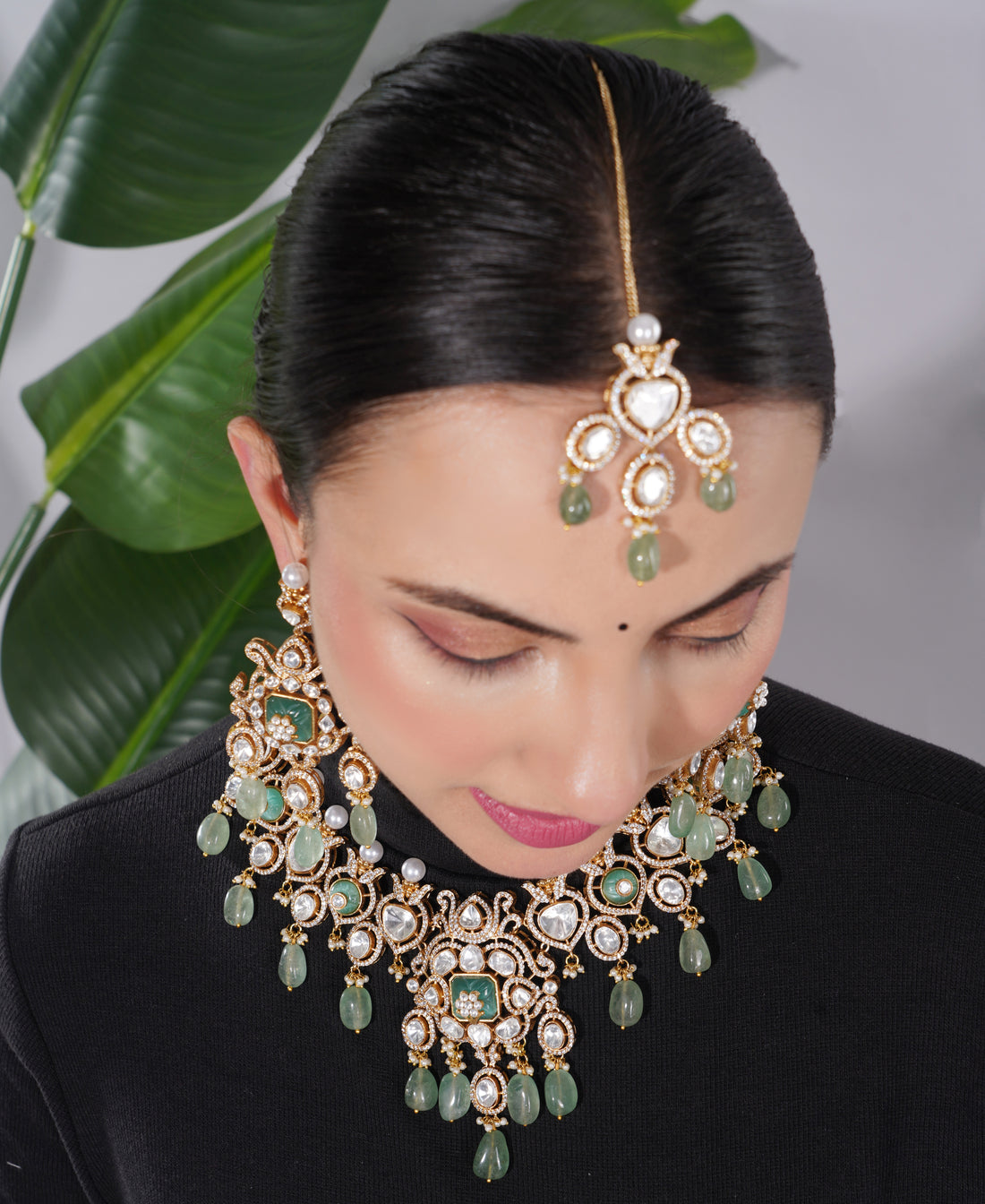 Amaita Polki Kundan Sage Green Pearl Bridal Necklace Set