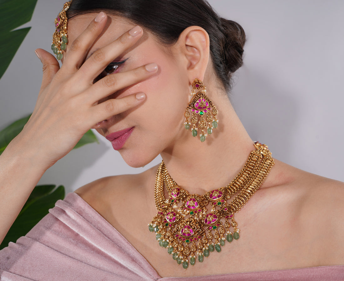 Amaita South Indian Temple Ruby Pearl Necklace Set
