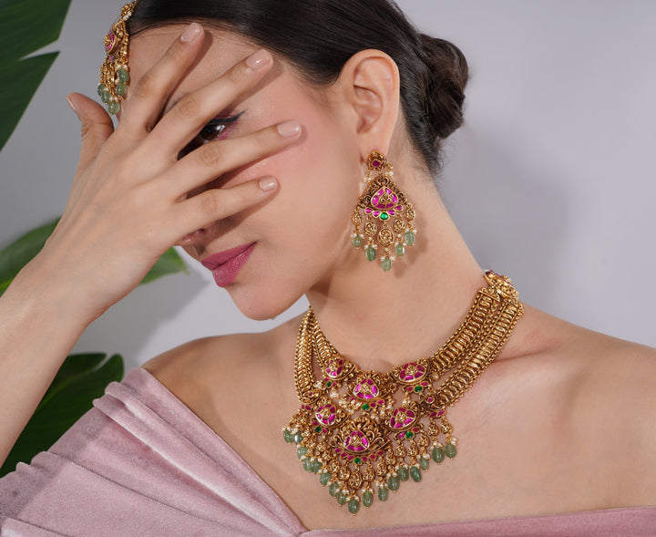 Amaita South Indian Temple Ruby Pearl Necklace Set