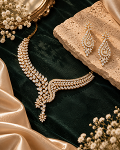 Demi-Fine Gold Finish American Diamond Floral Vine Necklace & Earrings Set