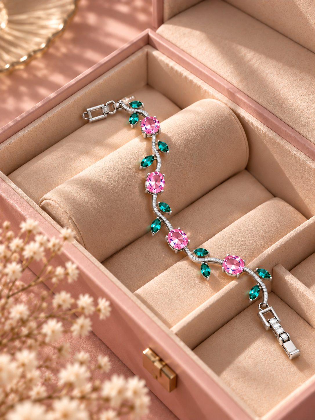 A silver-toned bracelet with pink and green gemstones displayed inside a blush pink jewelry box with beige cushioning.