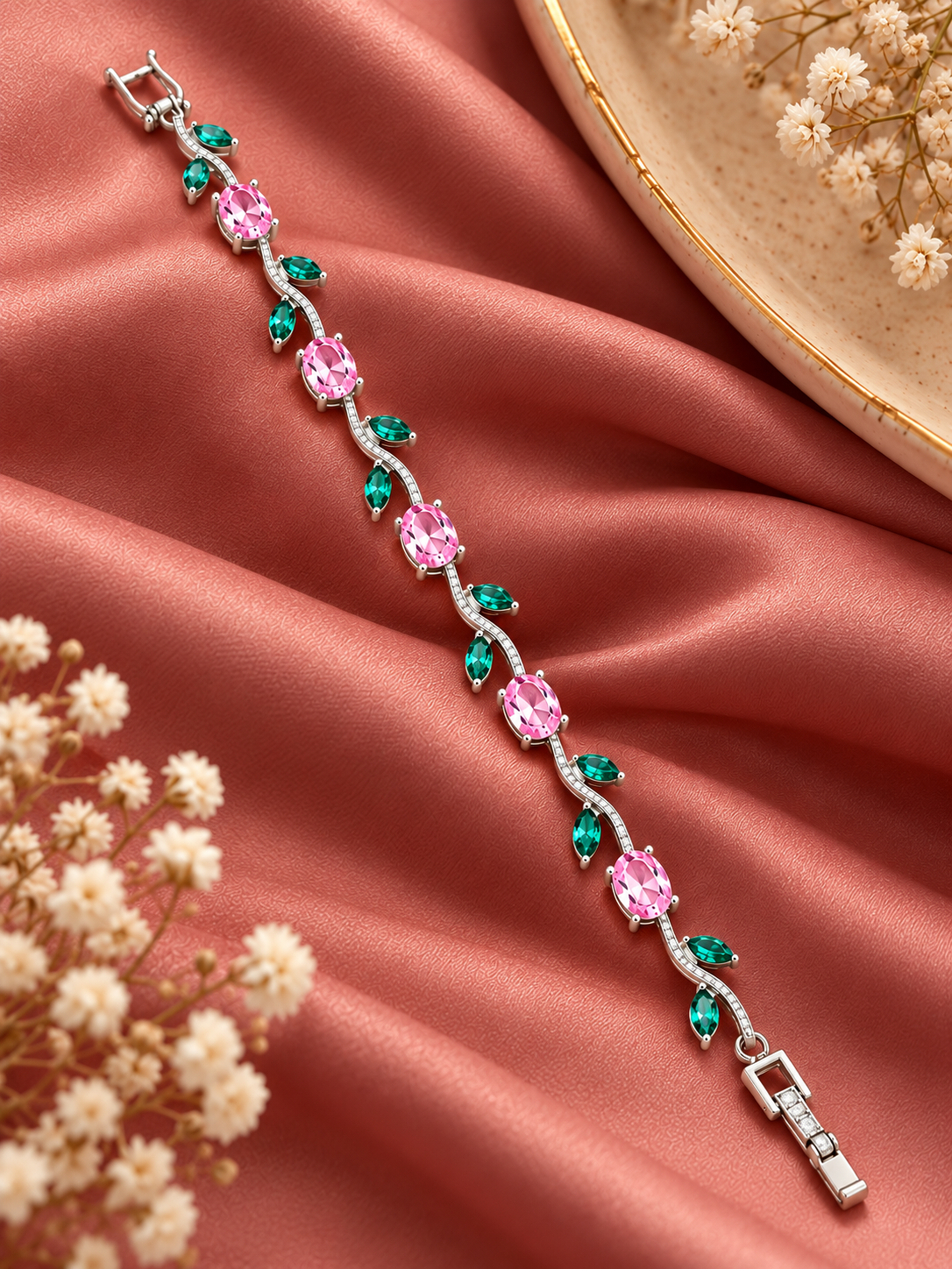 A silver-toned bracelet with alternating pink and green gemstones, styled on draped pink satin fabric with dried white flowers and a gold-rimmed plate in the background.