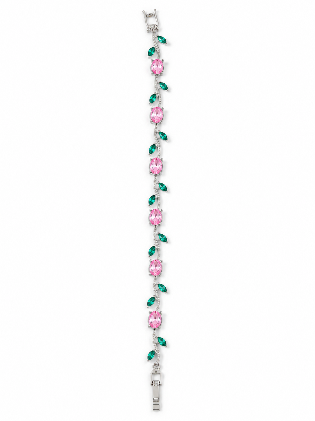 A silver-toned bracelet featuring alternating pink oval gemstones and green teardrop-shaped stones, set in a silver-toned metal on a plain white background.