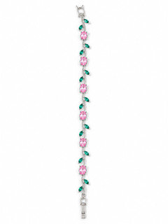 A silver-toned bracelet featuring alternating pink oval gemstones and green teardrop-shaped stones, set in a silver-toned metal on a plain white background.