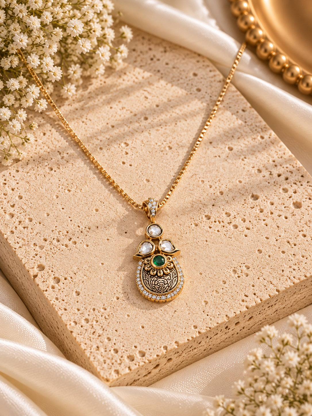 A gold pendant necklace with a detailed traditional Indian design, featuring a green stone and white stones, displayed on a textured beige stone block with cream satin fabric and dried flowers.
