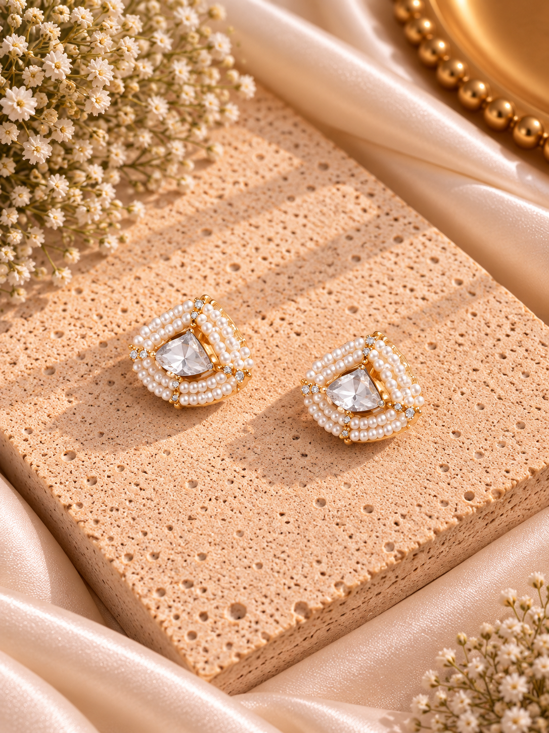 A pair of gold and pearl stud earrings with clear heart-shaped crystals, displayed on a textured beige stone slab with draped satin fabric and baby's breath flowers.