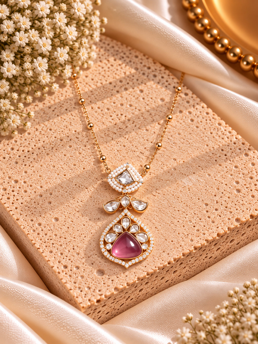A gold-tone pendant necklace with a large pink teardrop-shaped stone and clear rhinestone accents, displayed on a textured beige stone slab with satin fabric and dried flowers.