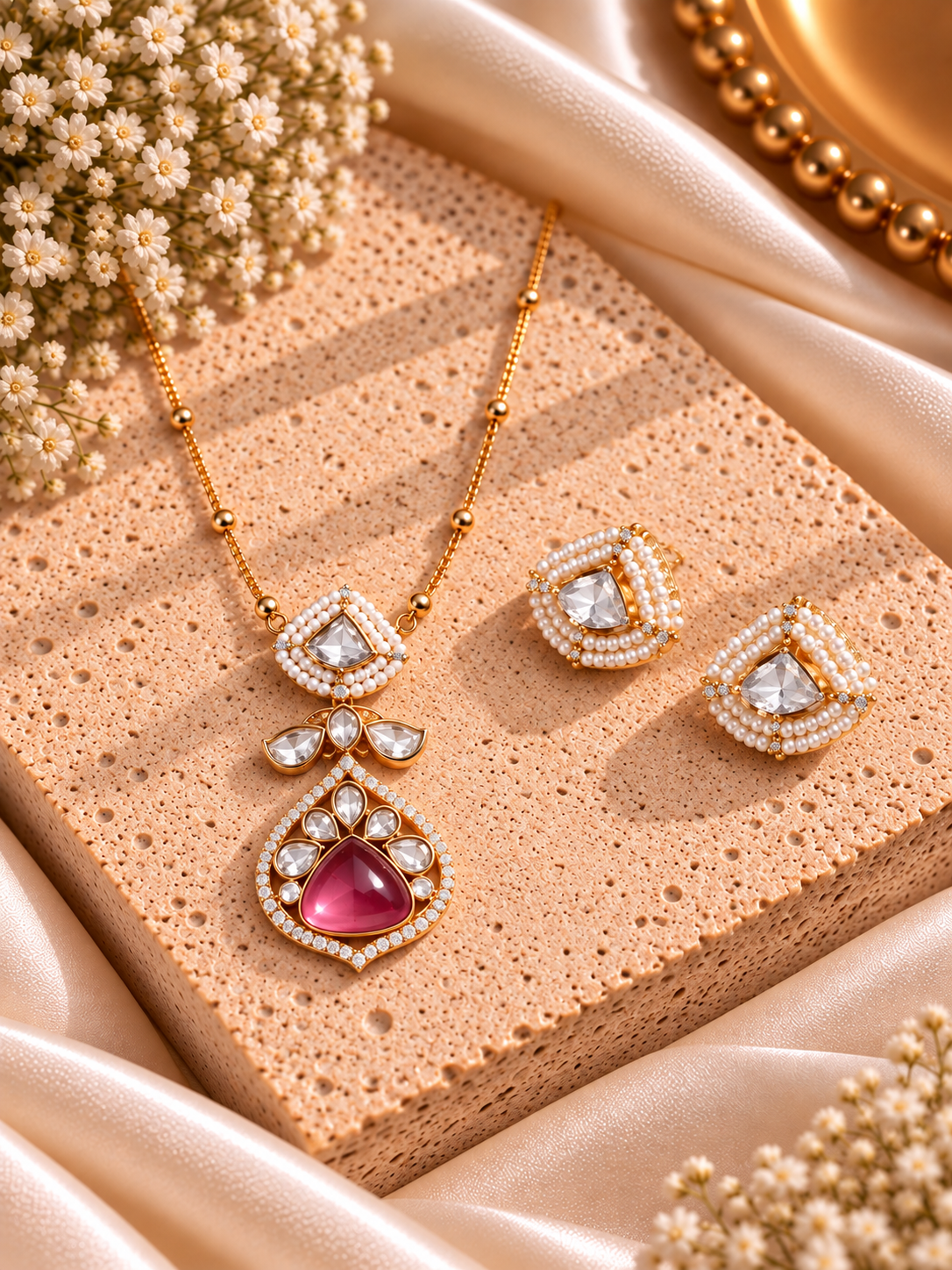 Gold-toned jewelry set with a pendant necklace and matching earrings, featuring clear stones and a prominent pink gemstone, styled on a textured beige stone slab with satin fabric and dried flowers. demi fine jewellery • demi fine jewellery india • polki jewellery • polki jewellery set • jewellery set • ethnic jewellery • ethnic jewellery set • festive jewellery • festive jewellery set • occasion jewellery • wedding jewellery • traditional jewellery • jewellery for saree • simple jewellery for saree • moder