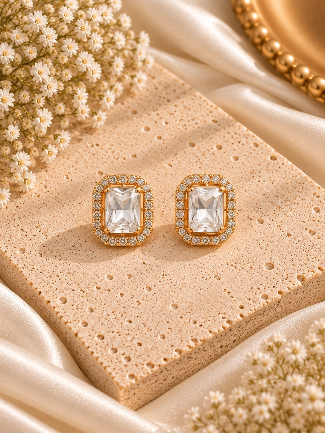 A pair of gold-toned rectangular stud earrings with clear cushion-cut center stones and small clear stones around the halo, displayed on a beige textured stone slab with cream satin fabric and dried flowers.