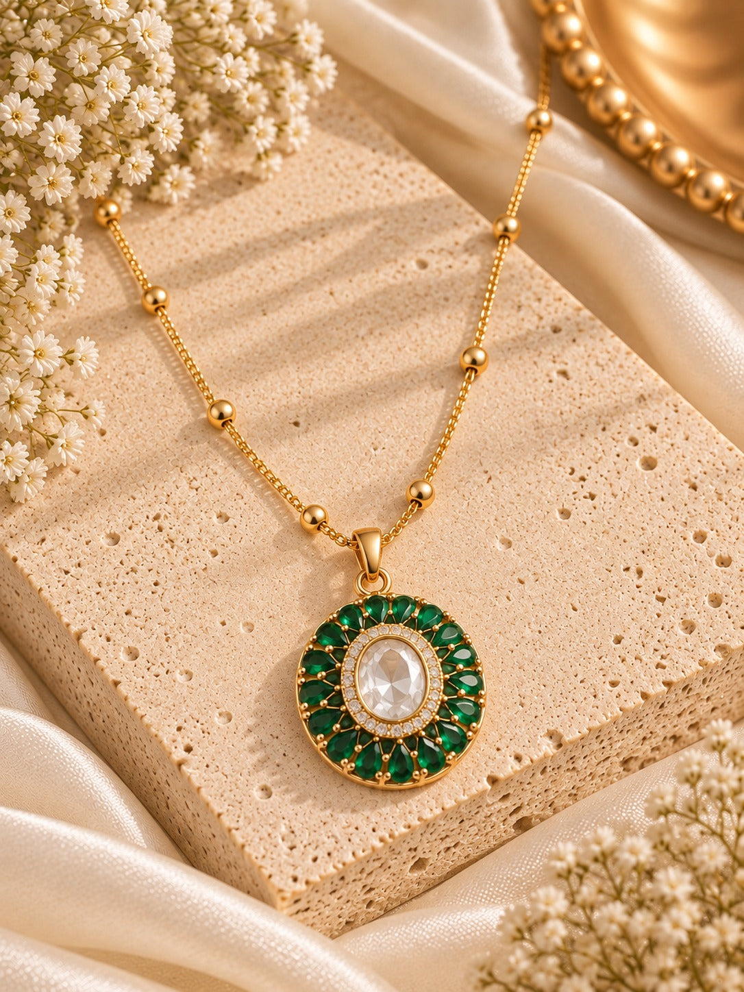 A gold pendant necklace with a circular green gemstone halo and a central clear oval stone, displayed on a textured beige stone slab with cream satin fabric and small white flowers.