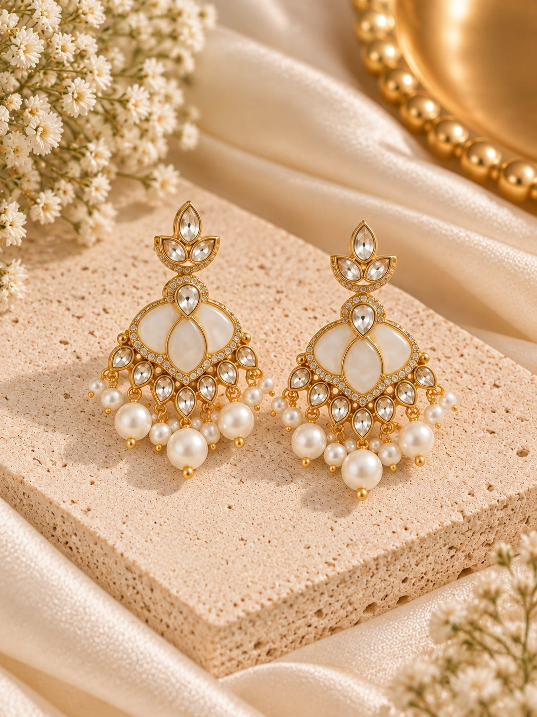 A pair of gold-toned chandelier earrings with white faux pearls and white stone inlays, displayed on a textured beige block with cream satin fabric and small white flowers.