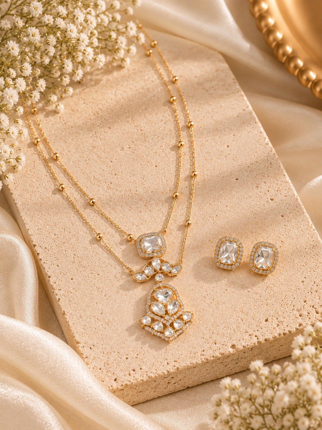Gold-tone jewelry set featuring a double-strand necklace with a floral pendant and matching stud earrings, styled on a beige stone slab with cream satin fabric and small white flowers.